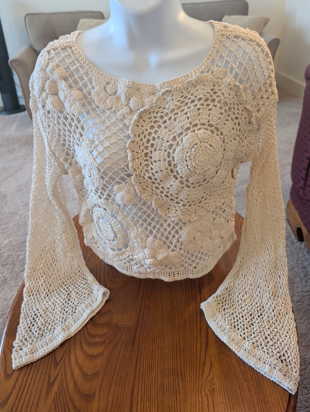 Zara Cotton Crochet Openwork Boho Sweater in Cream - Size S